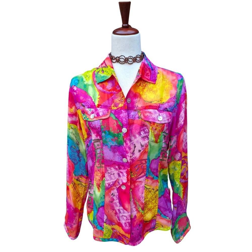 Chicos‎ Blouse S Silk Colorful Pink Sheer Whimsy Maximalism Wearable Art Bright